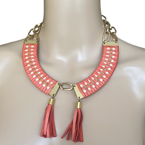 Anthropologie Jewelry - Anthropologie Wing Paris orange leather tassels & brass necklace. Made in France